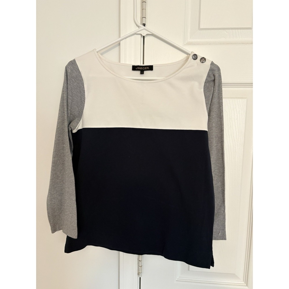 Jaeger Womens Small Colorblock Knit Top Navy Cream Gray Long Sleeve Stretch